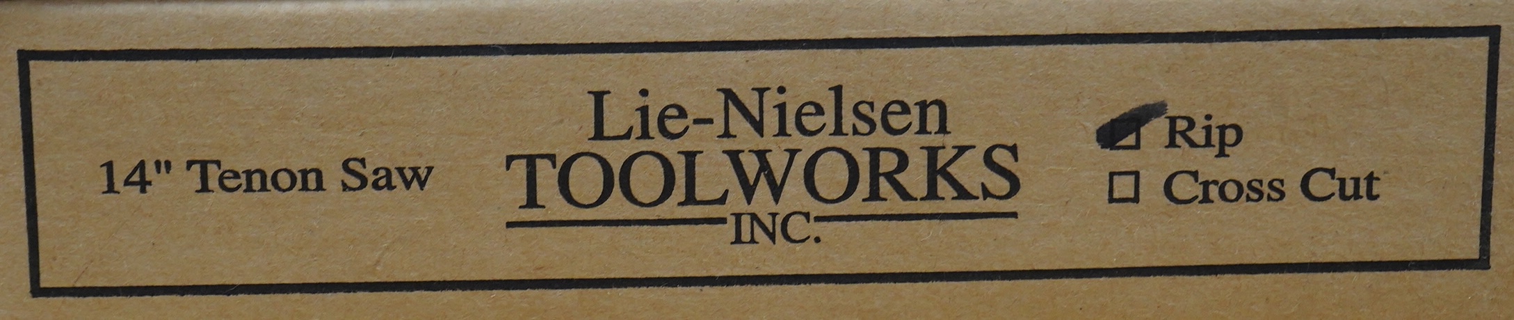 A boxed Lie Nielsen Toolworks 14” tenon saw (rip cut)